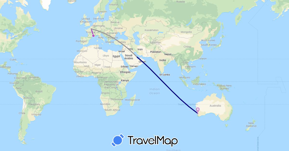 TravelMap itinerary: driving, plane, train in Australia, France, Qatar (Asia, Europe, Oceania)